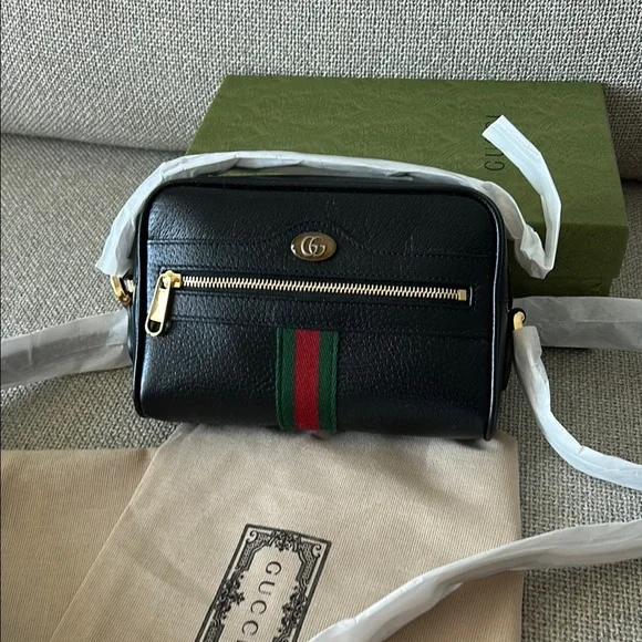 Gucci | Bags | Gucci Black Leather Bag With Red And Green 